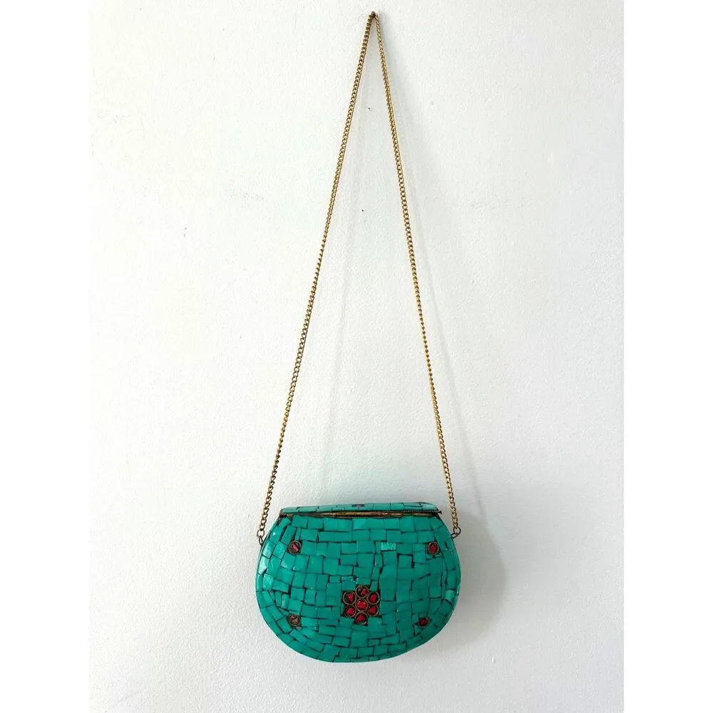 Vintage Turquoise Mosaic Tile Purse Coral Stone Inlay Crossbody Gold Chain Bag